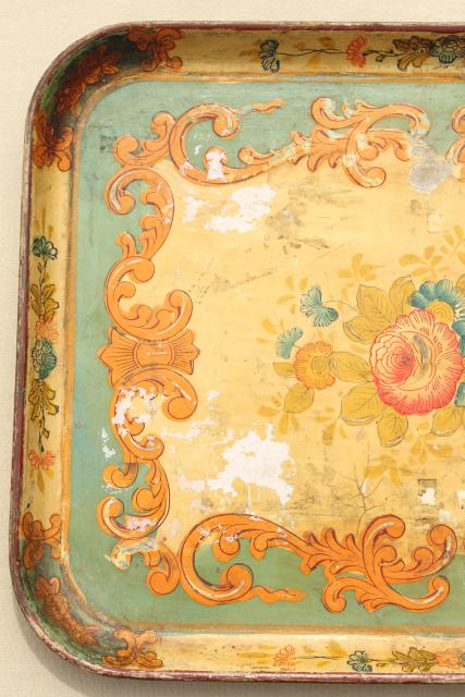 photo of shabby chippy floral serving tray, vintage Japan papier mache or composition #3