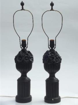 catalog photo of shabby chippy vintage plaster flower basket lamps, matte chalkboard black paint