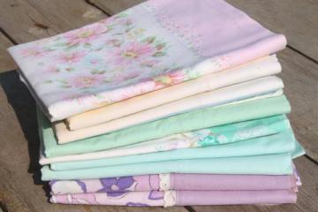 catalog photo of shabby cottage bedding lot of vintage print & pastel pillowcases, cotton & blend fabric