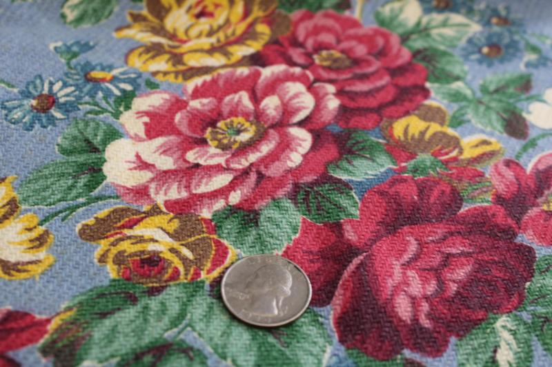 photo of shabby cottage chic floral print vintage cotton barkcloth fabric remnant #3