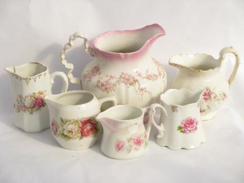 photo of shabby cottage chic, old pink roses china, vintage cream & milk pitchers lot #1