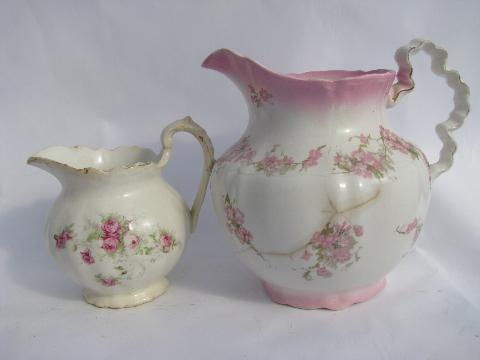 photo of shabby cottage chic, old pink roses china, vintage cream & milk pitchers lot #2