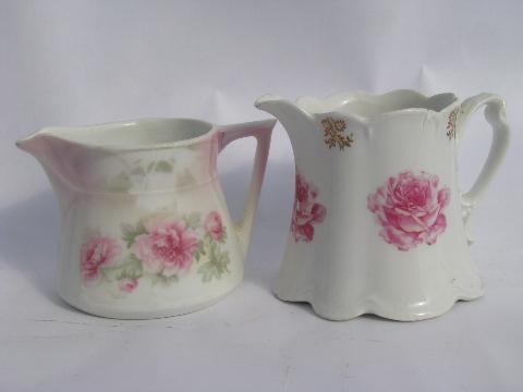 photo of shabby cottage chic, old pink roses china, vintage cream & milk pitchers lot #4