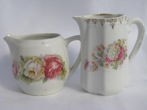 photo of shabby cottage chic, old pink roses china, vintage cream & milk pitchers lot #5