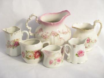 catalog photo of shabby cottage chic, old pink roses china, vintage cream & milk pitchers lot