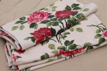 catalog photo of shabby cottage chic roses print fabric curtain panels, vintage cotton barkcloth curtains