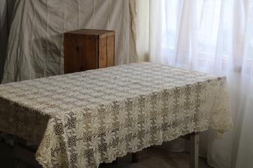 catalog photo of shabby cottage chic vintage cotton lace tablecloth, handmade crochet lace