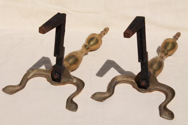 photo of shabby cottage chic vintage fireplace andirons, solid brass w/ rustic patina #9