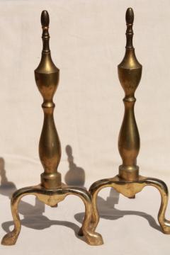 catalog photo of shabby cottage chic vintage fireplace andirons, solid brass w/ rustic patina