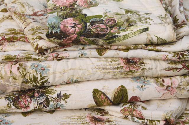 photo of shabby cottage chic vintage floral print rayon barkcloth curtain panels & fabric #1