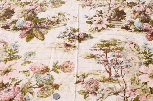 photo of shabby cottage chic vintage floral print rayon barkcloth curtain panels & fabric #5