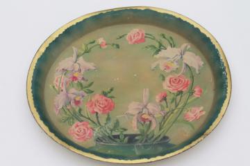 catalog photo of shabby cottage chic vintage floral print tin metal tray, w/ iris flowers & roses