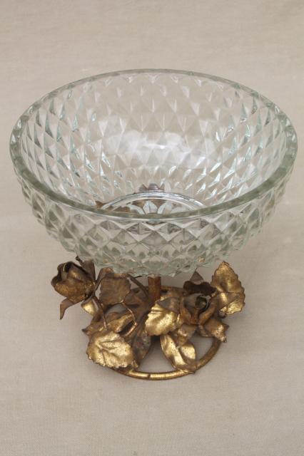 photo of shabby cottage chic vintage glass bowl w/ Italian tole gold metal roses #9