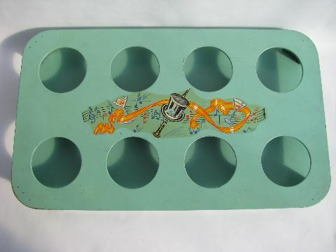 photo of shabby cottage chic vintage jadite green wood tray, glasses carrier rack #2