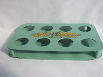 catalog photo of shabby cottage chic vintage jadite green wood tray, glasses carrier rack