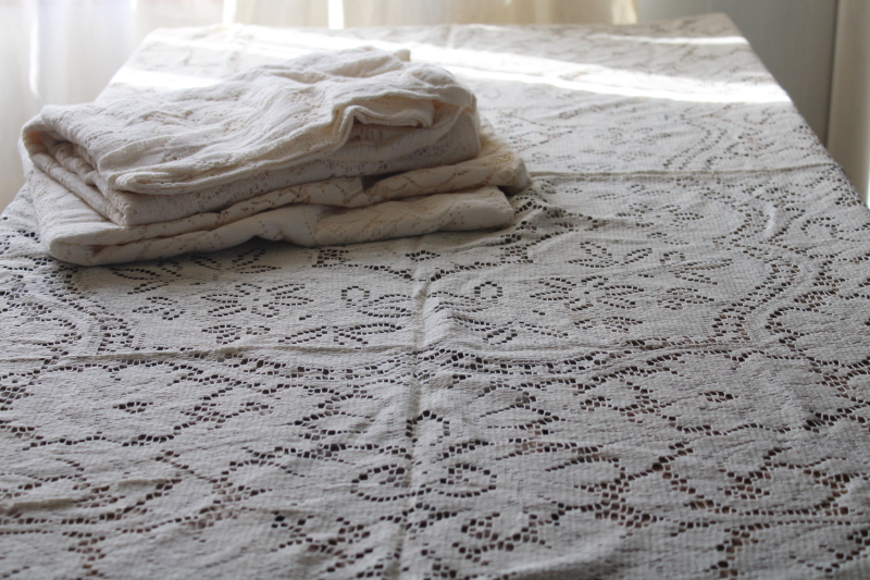 photo of shabby cottage chic vintage lace tablecloths lot, ivory cotton blend lace #1