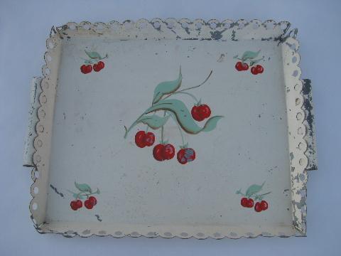 photo of shabby cottage chic, vintage tole metal tray w/ lace border, hand-painted cherries #1