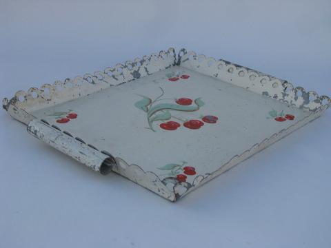 photo of shabby cottage chic, vintage tole metal tray w/ lace border, hand-painted cherries #2