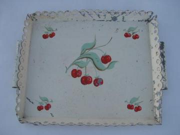catalog photo of shabby cottage chic, vintage tole metal tray w/ lace border, hand-painted cherries
