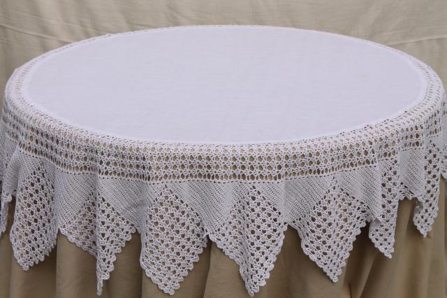 photo of shabby cottage chic vintage white linen round tablecloth w/ wide crochet lace edging #1