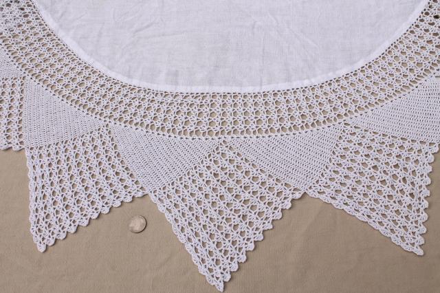 photo of shabby cottage chic vintage white linen round tablecloth w/ wide crochet lace edging #2