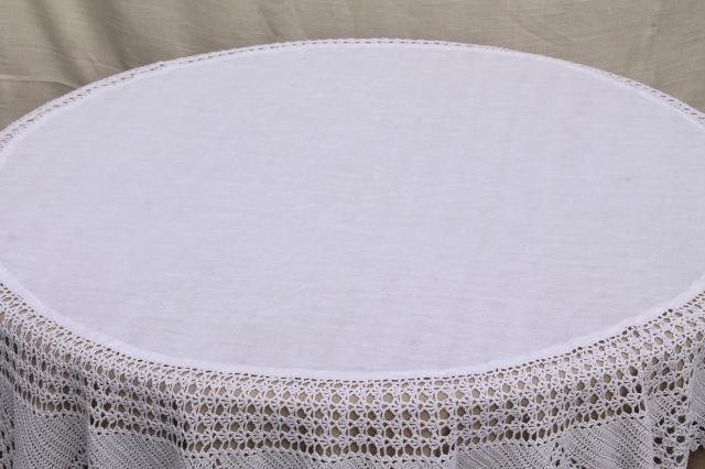 photo of shabby cottage chic vintage white linen round tablecloth w/ wide crochet lace edging #4