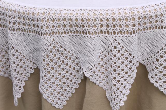 photo of shabby cottage chic vintage white linen round tablecloth w/ wide crochet lace edging #5