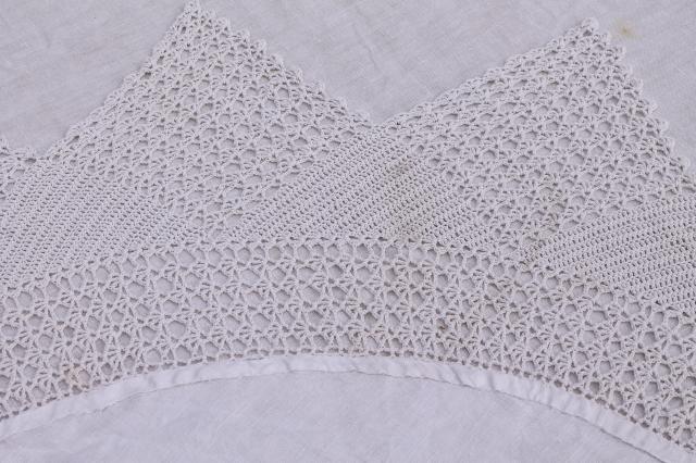 photo of shabby cottage chic vintage white linen round tablecloth w/ wide crochet lace edging #6