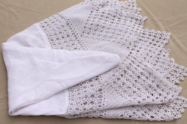 photo of shabby cottage chic vintage white linen round tablecloth w/ wide crochet lace edging #8