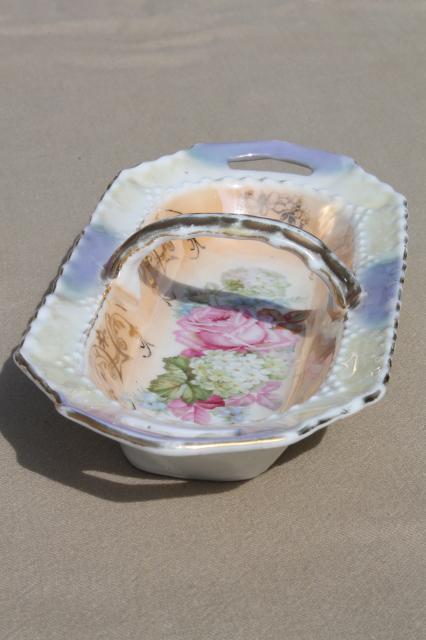 photo of shabby cottage china flower basket dish w/ cabbage roses & hydrangeas floral #1