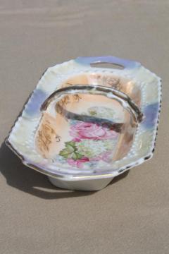 catalog photo of shabby cottage china flower basket dish w/ cabbage roses & hydrangeas floral