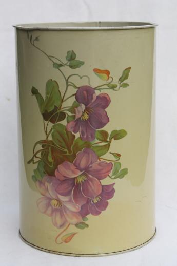 photo of shabby cottage vintage tole metal wastebasket w/ violet periwinkle floral print #1