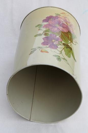 photo of shabby cottage vintage tole metal wastebasket w/ violet periwinkle floral print #3