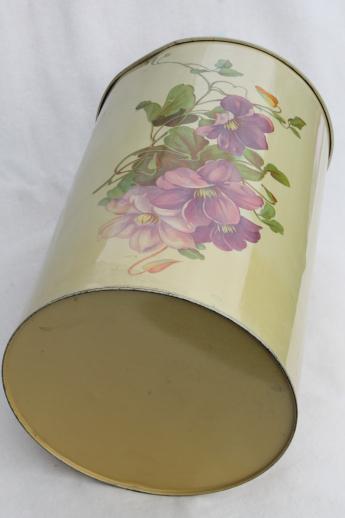 photo of shabby cottage vintage tole metal wastebasket w/ violet periwinkle floral print #4