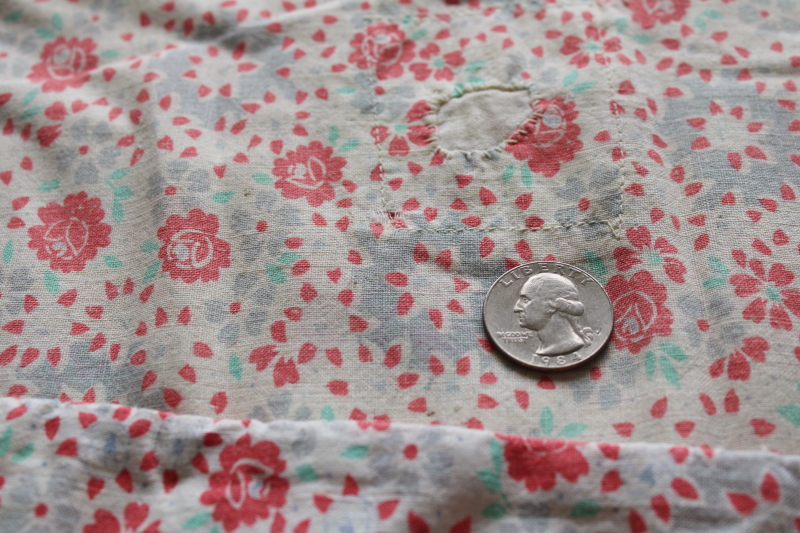 photo of shabby faded vintage cotton feed sack fabric, red rose floral print w/ gray, mint green  #2