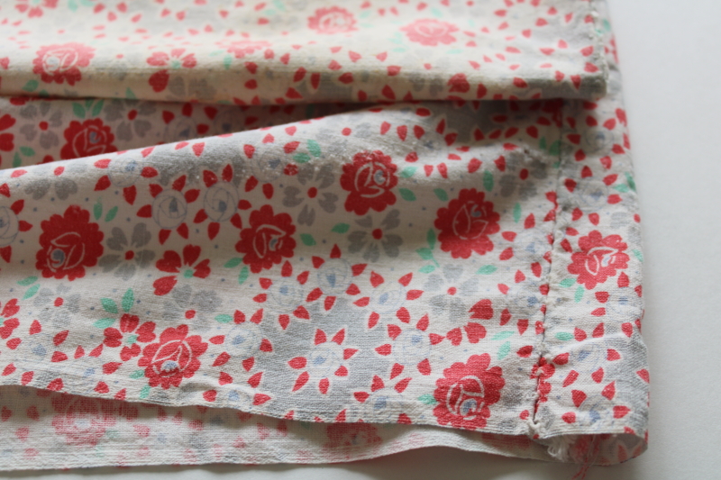 photo of shabby faded vintage cotton feed sack fabric, red rose floral print w/ gray, mint green  #3