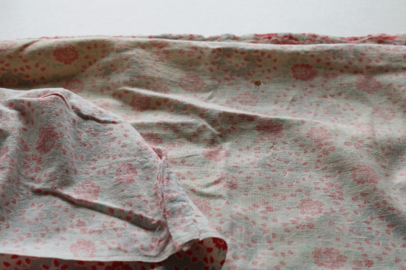 photo of shabby faded vintage cotton feed sack fabric, red rose floral print w/ gray, mint green  #4