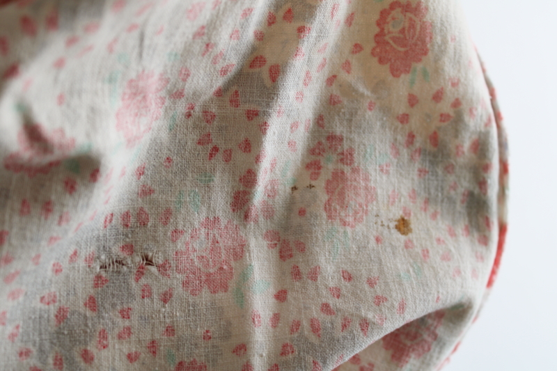 photo of shabby faded vintage cotton feed sack fabric, red rose floral print w/ gray, mint green  #5