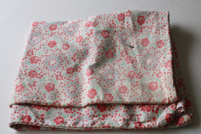photo of shabby faded vintage cotton feed sack fabric, red rose floral print w/ gray, mint green  #6