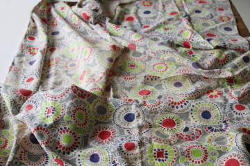 shabby faded vintage cotton feed sack fabric, sunburst daisies lime navy blue red gray 