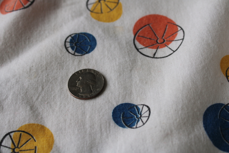 photo of shabby faded vintage cotton feed sack fabric, western wagon wheels border print  #4