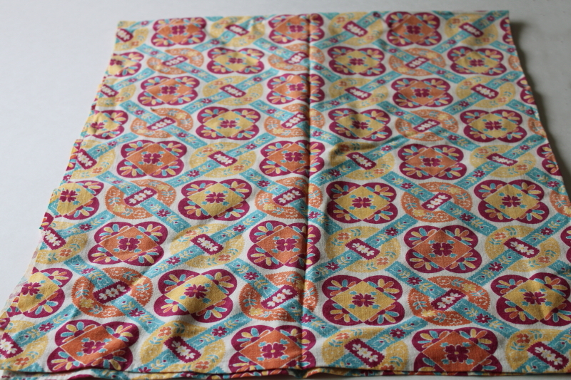 photo of shabby faded vintage farmhouse kitchen dish towel, southwest colors print cotton feed sack fabric #1