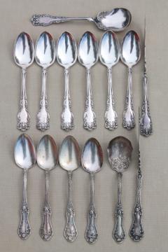 catalog photo of shabby fancy silver plate teaspoons, sugar spoons, butter knives - mismatched vintage silverware