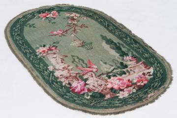 catalog photo of shabby french vintage fringed wool carpet scatter rug, pink & green garden flowers