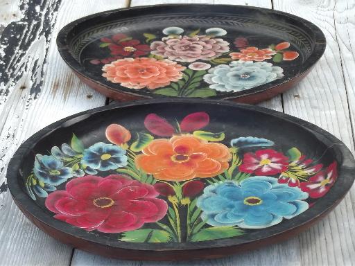 photo of shabby hand-painted wood trays, Mexican batea trays w/ bright flowers  #1