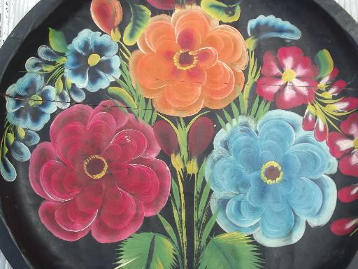 photo of shabby hand-painted wood trays, Mexican batea trays w/ bright flowers  #2