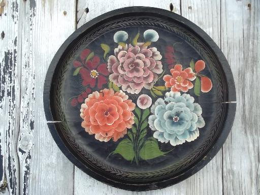 photo of shabby hand-painted wood trays, Mexican batea trays w/ bright flowers  #6