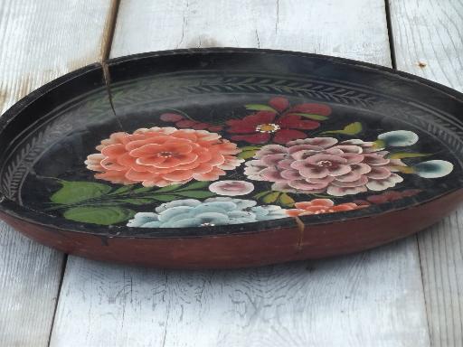 photo of shabby hand-painted wood trays, Mexican batea trays w/ bright flowers  #7