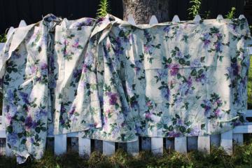 catalog photo of shabby lilacs floral vintage cotton print curtain panels, vintage fabric for upcycle