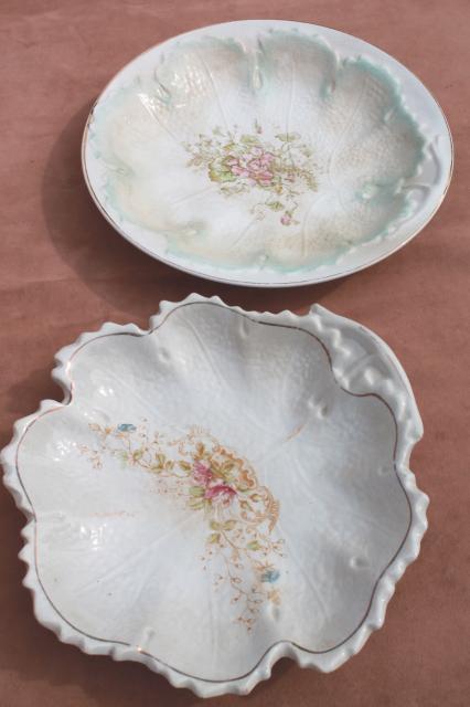 photo of shabby lovely old leaf shape china bowls, late 1800s early 1900s vintage American china #1